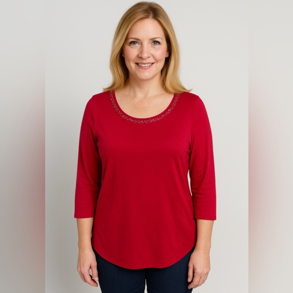 White House Black Market red top with embellished bead neckline